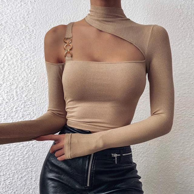 Sexy Off Shoulder Chain Strap Bodycon Blouse - LiveTrendsX