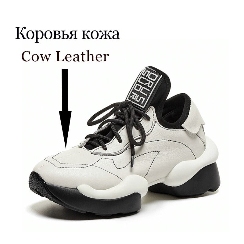 Women Round Toe Cross Strap Thick Bottom Leather Sneakers