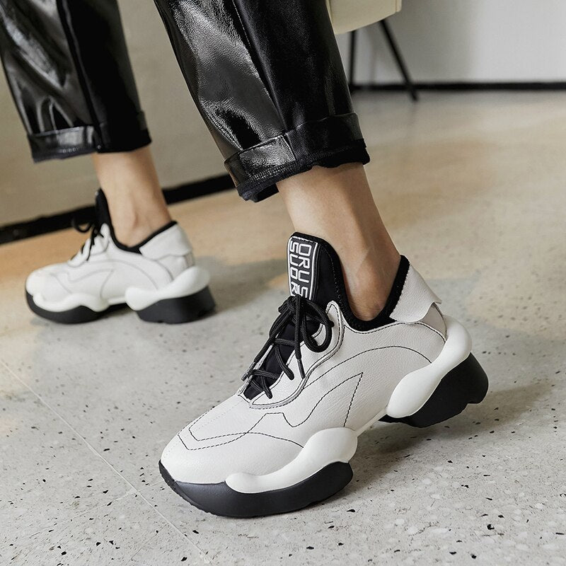 Women Round Toe Cross Strap Thick Bottom Leather Sneakers