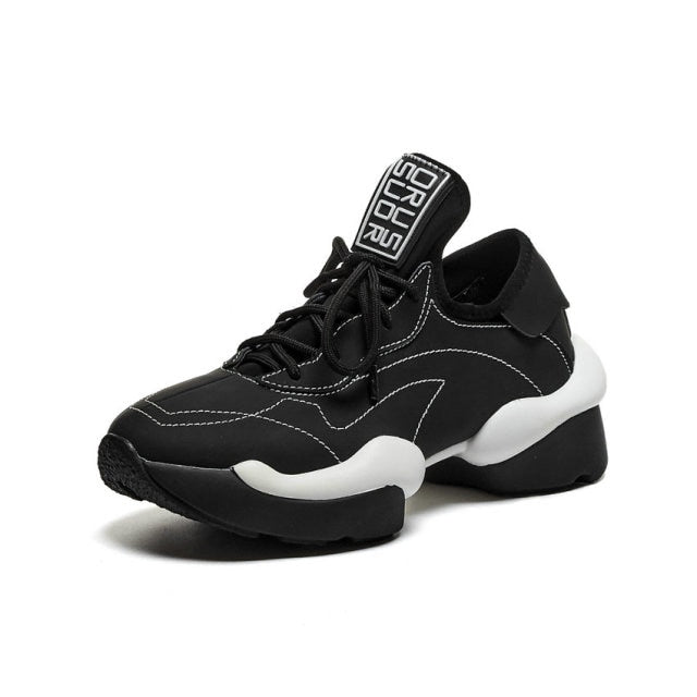 Women Round Toe Cross Strap Thick Bottom Leather Sneakers