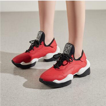 Women Round Toe Cross Strap Thick Bottom Leather Sneakers