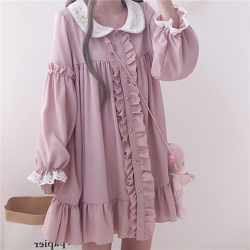 Summer Dress Women Harajuku Pink Ladies Ruffle Lace Patch Kawaii Dresses Lolita Cosplay Sweet Loose Vestidos - LiveTrendsX