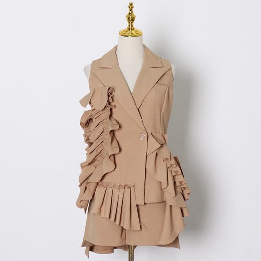 カーキ色のレディーススーツ パッチワーク フリル ルーシュ ノースリーブ