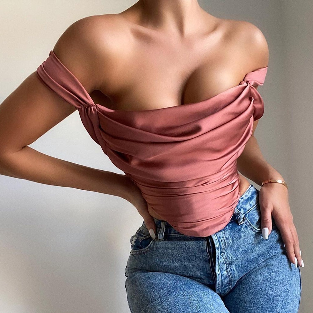 Draped Satin Corset Tops Solid Women Sexy Outfits - LiveTrendsX