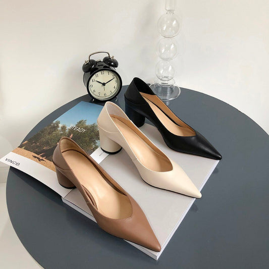 Women's genuine leather high heel slip-on mules pointed toe med heel comfort spring new pumps high quality ladies heels shoes - LiveTrendsX