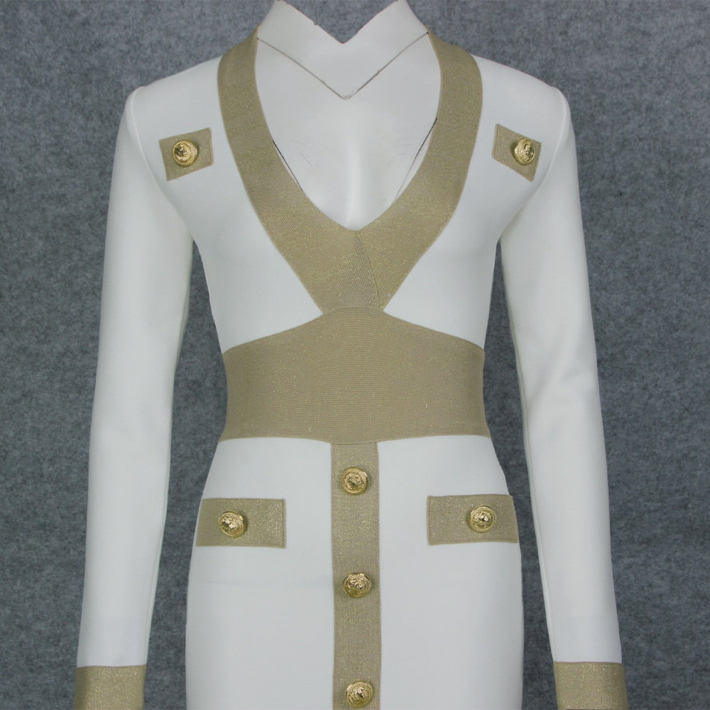 Sexy Deep V-neck Gold Buttons Bandage Elegant Party Dress