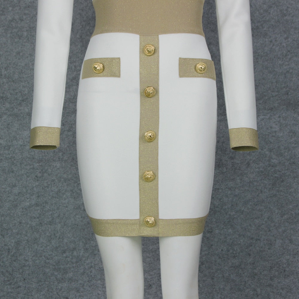 Sexy Deep V-neck Gold Buttons Bandage Elegant Party Dress