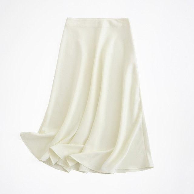 women solid quality satin midi skirt