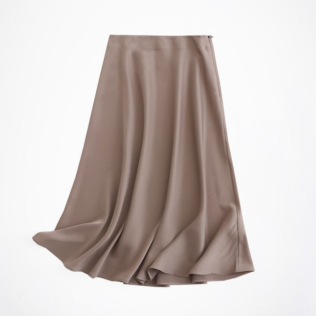 women solid quality satin midi skirt