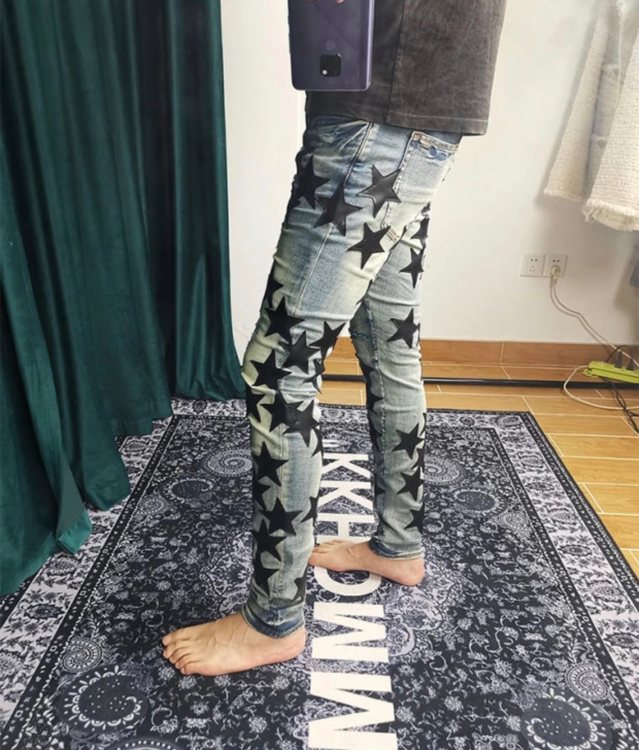 street star leather fight leather hole wash jeans