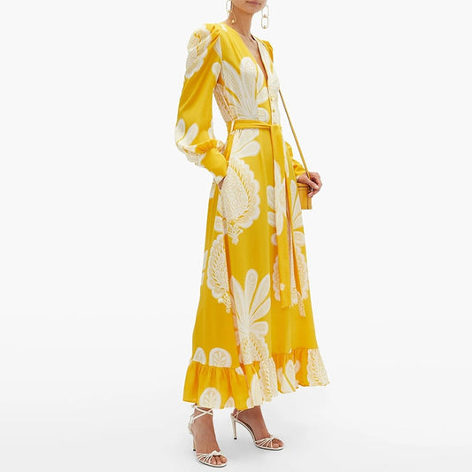 Lace Bowknot Lantern Long Sleeve Ruffle Woman Dress