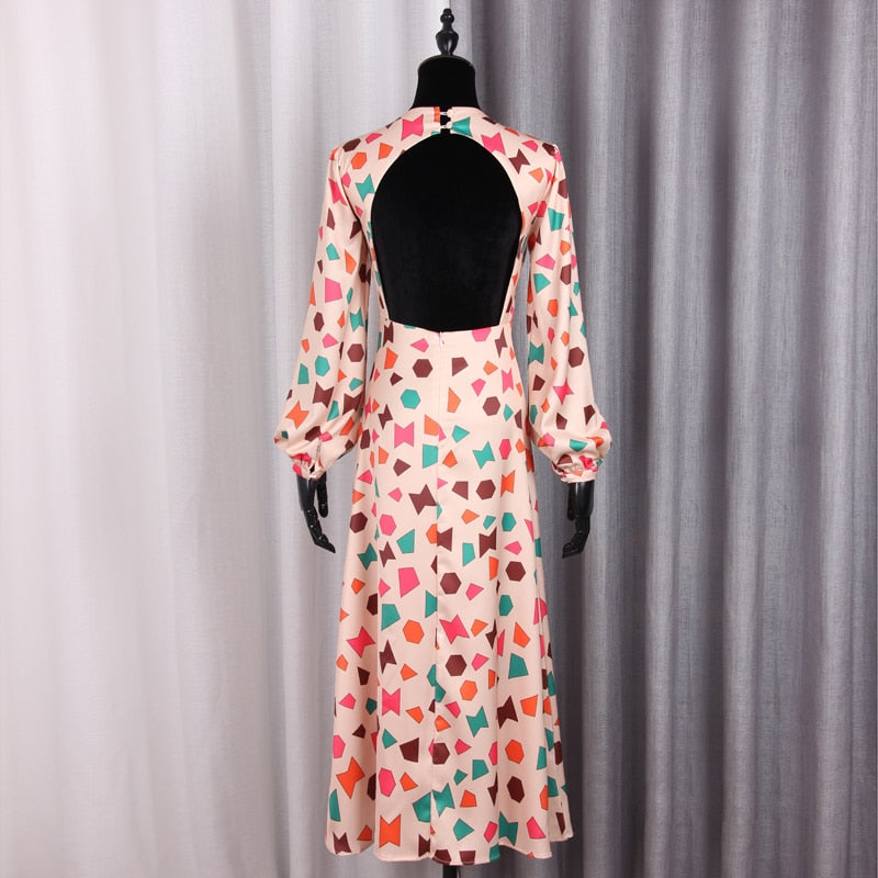 Satin Geometric Print Halter Hollow Retro Woman Dress