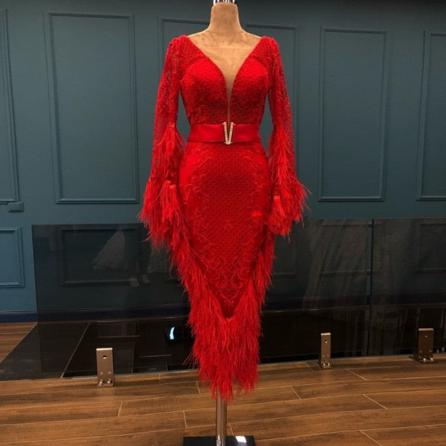 Luxury Feathers Red Short Evening Dress Mermaid Tea Length Lace