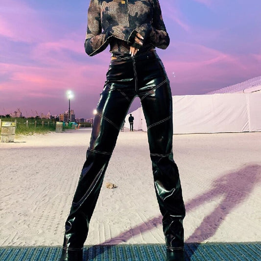 Straight Faux Leather Pants Women Streetwear Chic Cool Pants