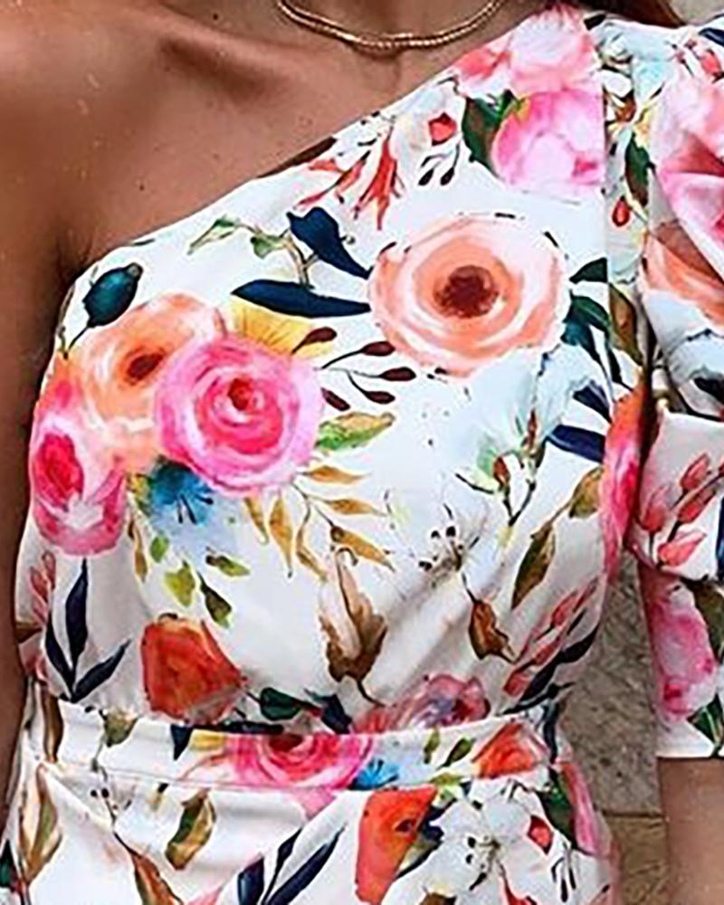 One Shoulder Floral Print Bodycon Women Sexy Party Dresses