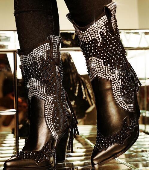 女性用ミドル丈ブーツ キラキラ輝くチャンキーヒール