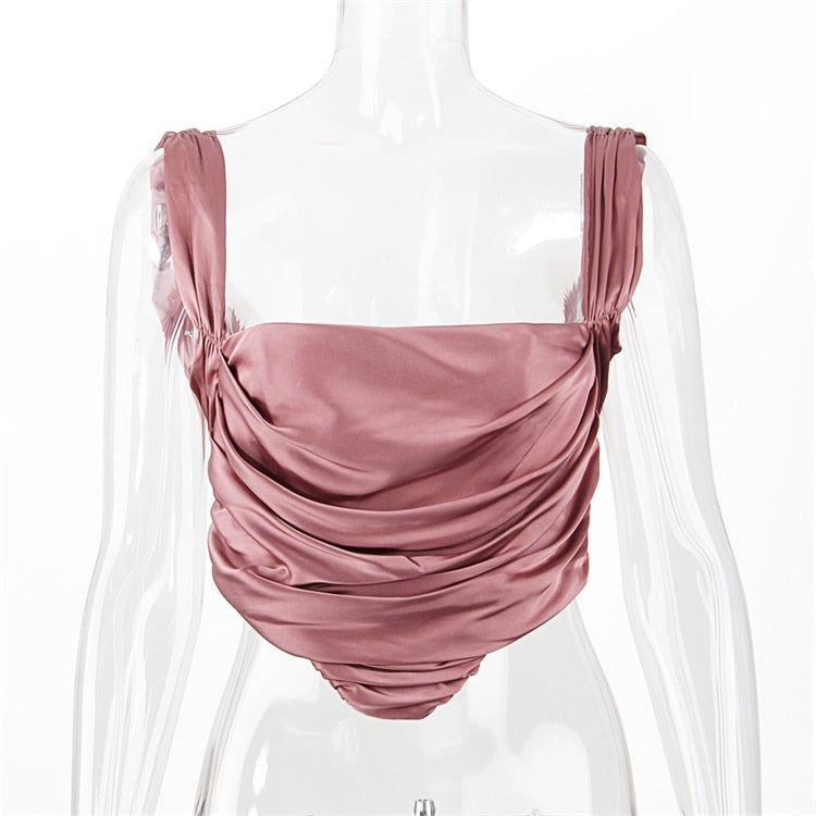 Draped Satin Corset Tops Solid Women Sexy Outfits - LiveTrendsX