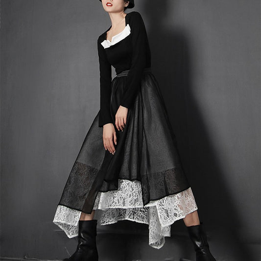 Vintage Patchwork Lace Skirt For Women High Waist