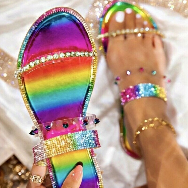 Rainbow Colored Crystal Women Slippers - LiveTrendsX