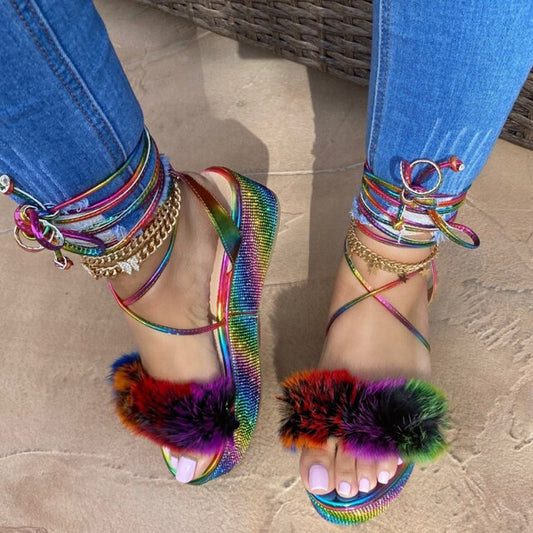 2021 Women Furry Platform Sandals Cross Tied High Heels - LiveTrendsX