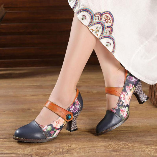 Women Shoes Retro Print High Heels Genuine Leather 2021 Handmade - LiveTrendsX