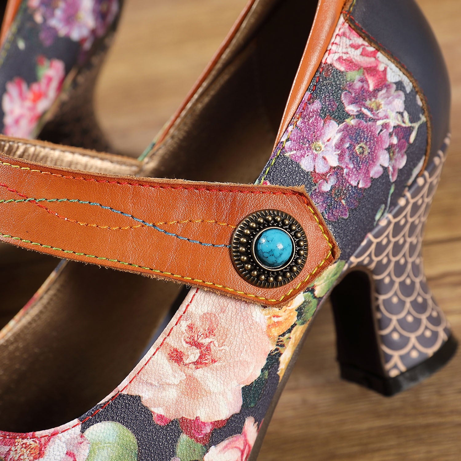 Women Shoes Retro Print High Heels Genuine Leather 2021 Handmade - LiveTrendsX