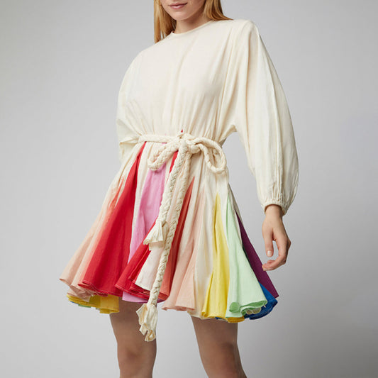 Casual Print Dress For Women O Neck Long Lantern Sleeve Bandage