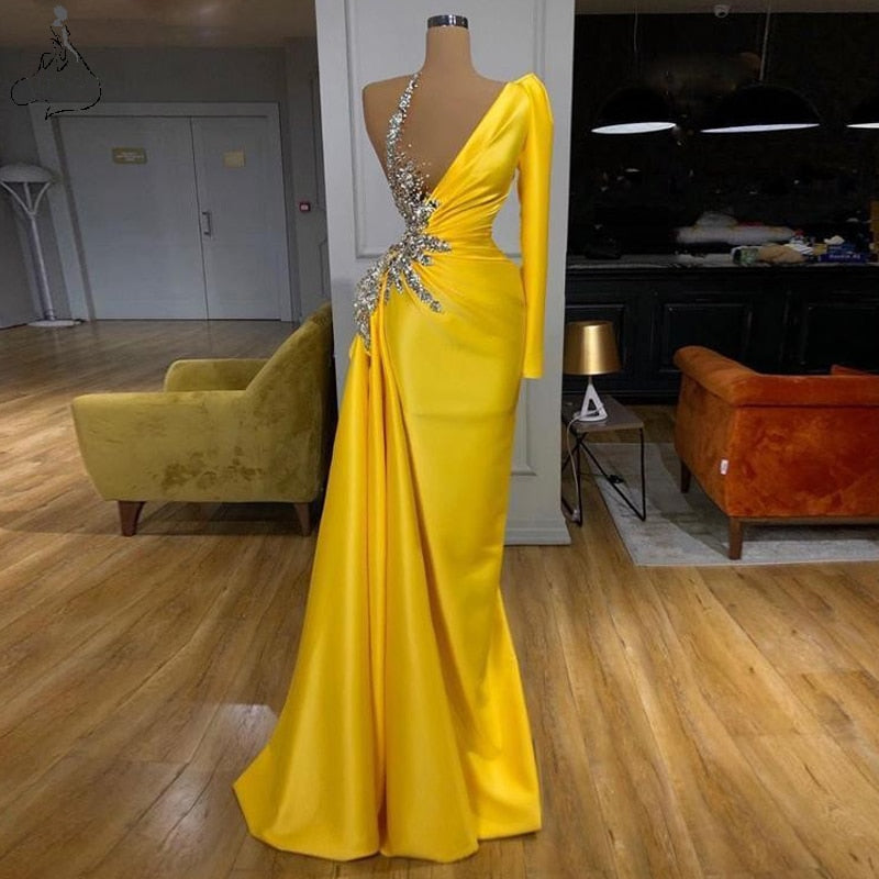 Gold Yellow One Shoulder Long Sleeve Prom Dresses Sexy