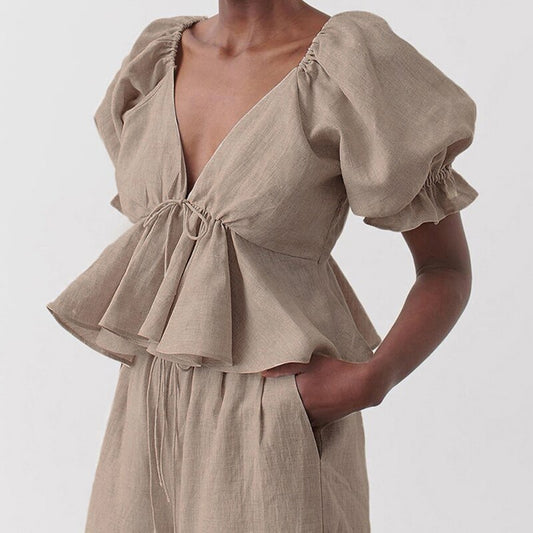 Women's Shirt Solid Color Deep v-Neck Fashion Design - LiveTrendsX