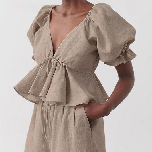 Women's Shirt Solid Color Deep v-Neck Fashion Design - LiveTrendsX