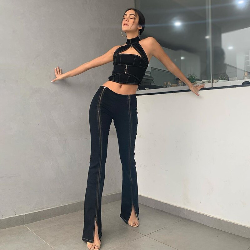 Chic Street Girls Zipper Halter Crop Top Denim Sexy Club Shirt