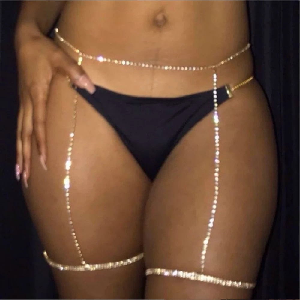 Flatfoosie Multi Layer Rhinestone Waist Belly Chain Leg Thigh Chain Woman Sexy Beach Bikini Body Chain Leg Thigh Harness Jewelry