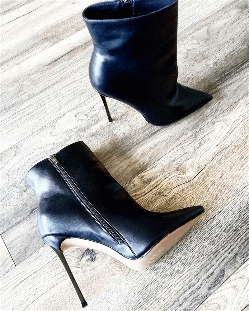 Women Pointed Toe Metal Thin High Heel  Black Red Boots