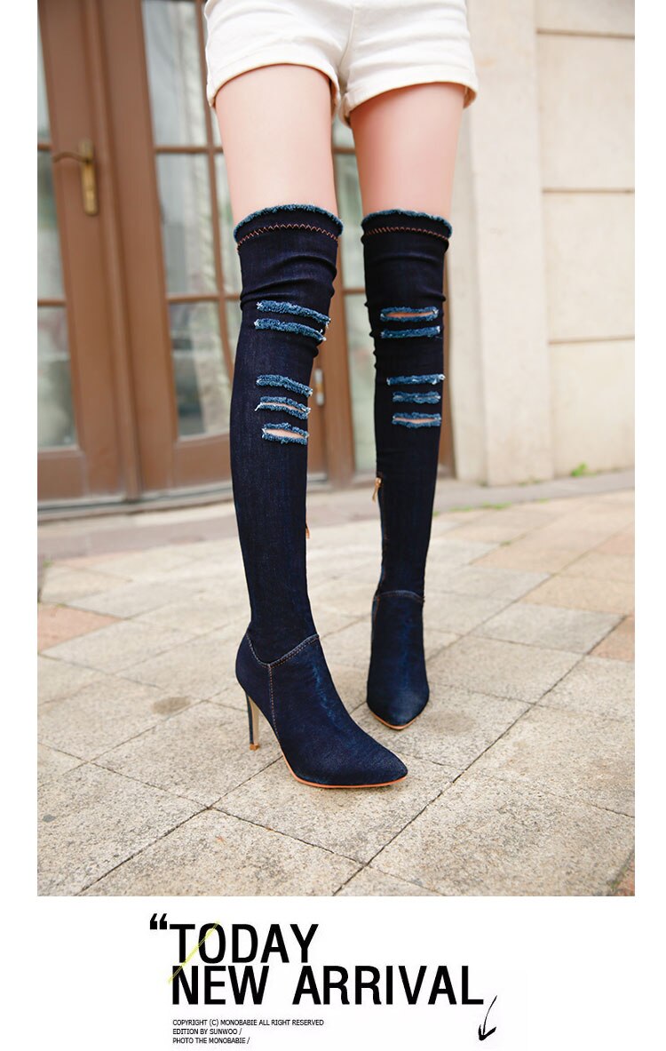 破れたジーンズ 快適な生地 レディースブーツ