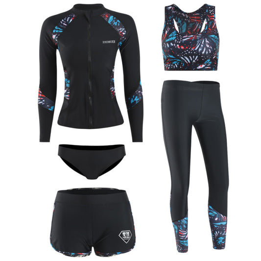 Long Sleeve Rash Guard Women Print 5 Pieces Swimsuit Zipper Swimwear