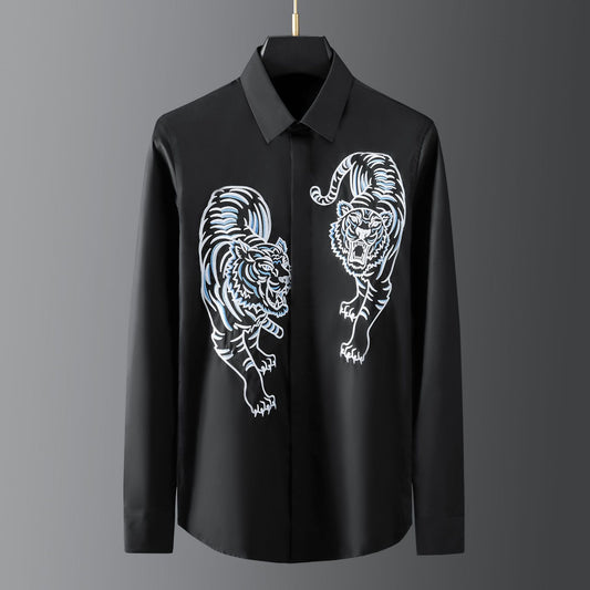 2021 Tiger Embroidery Shirts Men Long Sleeve Casual Shirt Slim Streetwear Social Party Blouse Business Formal Dress Men Clothing - LiveTrendsX