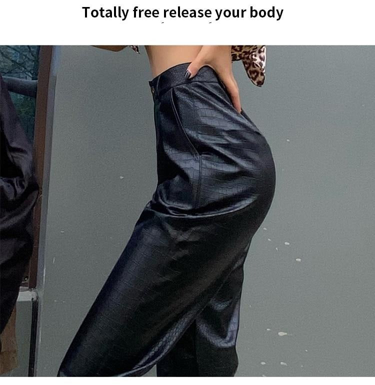 Women Black Faux Leather Pants Lady Loose Pencil Trousers Streetwear