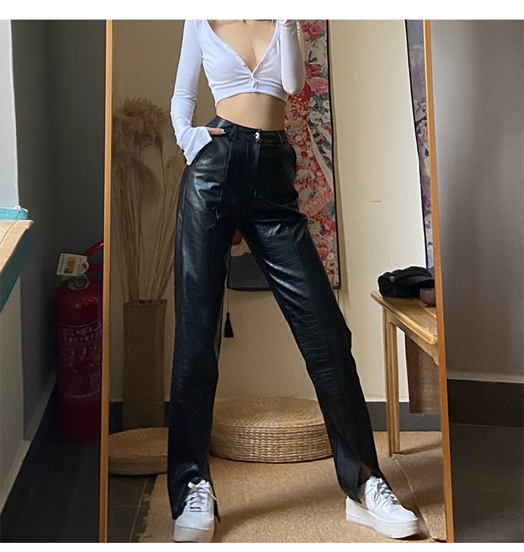Women Black Faux Leather Pants Lady Loose Pencil Trousers Streetwear