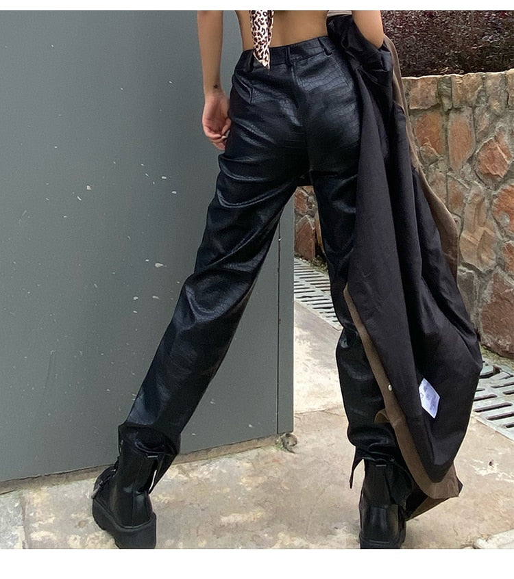 Women Black Faux Leather Pants Lady Loose Pencil Trousers Streetwear