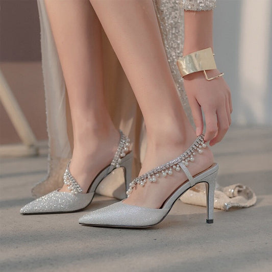 rhinestone pearl tassel high heel - LiveTrendsX
