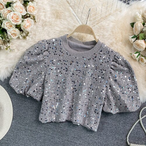 Neploe Summer Woman Tshirts Heavy Sequined Crop Tops Mujer O-neck Puff Sleeve Tees 2021 Korean Fashion Temperament Shirts 95574 - LiveTrendsX