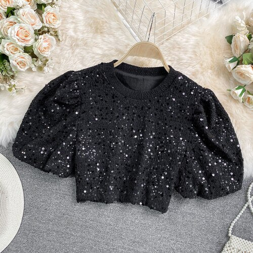 Neploe Summer Woman Tshirts Heavy Sequined Crop Tops Mujer O-neck Puff Sleeve Tees 2021 Korean Fashion Temperament Shirts 95574 - LiveTrendsX
