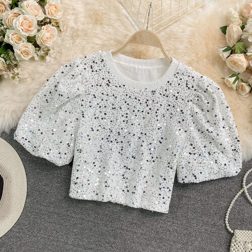 Neploe Summer Woman Tshirts Heavy Sequined Crop Tops Mujer O-neck Puff Sleeve Tees 2021 Korean Fashion Temperament Shirts 95574 - LiveTrendsX