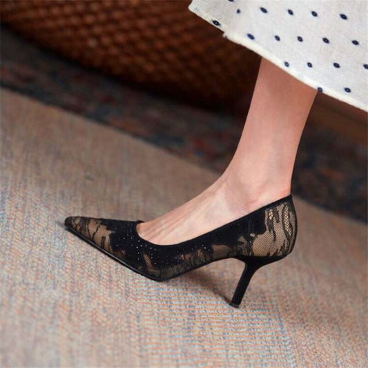 Spring and autumn ladies stiletto high heels lace shallow pointy single shoes black fashion party high heels - LiveTrendsX