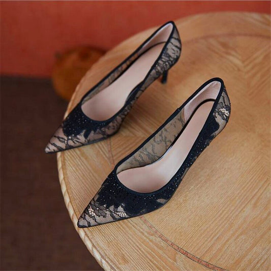 Spring and autumn ladies stiletto high heels lace shallow pointy single shoes black fashion party high heels - LiveTrendsX