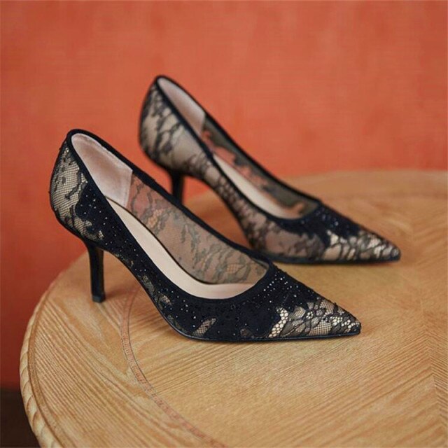 Spring and autumn ladies stiletto high heels lace shallow pointy single shoes black fashion party high heels - LiveTrendsX