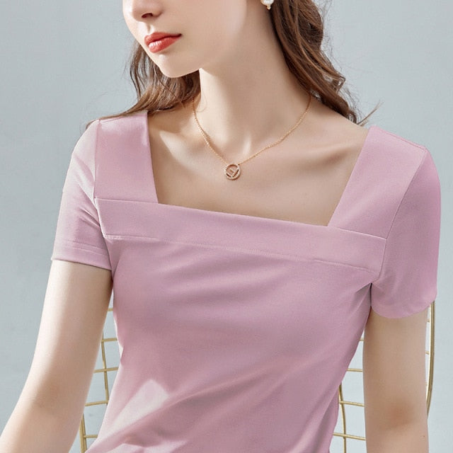 women's solid color square neck T-shirt - LiveTrendsX