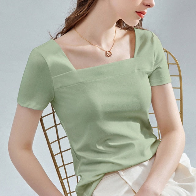 women's solid color square neck T-shirt - LiveTrendsX