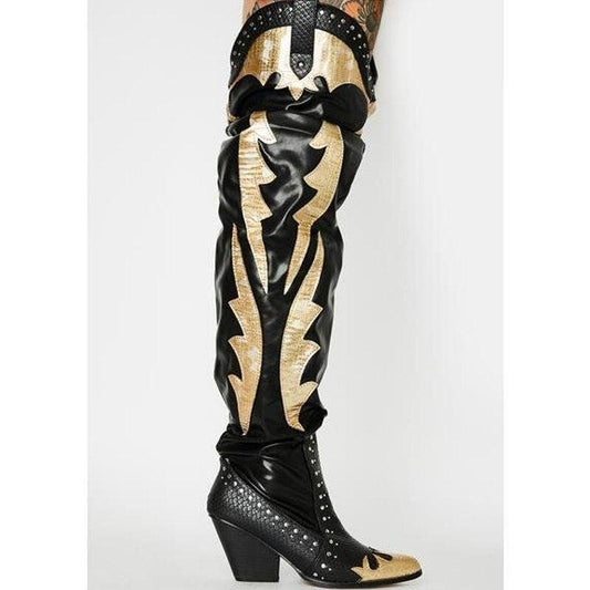 レディパッチワークハイヒールブーツスネークスキン