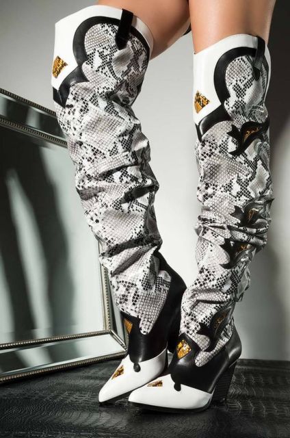 レディパッチワークハイヒールブーツスネークスキン